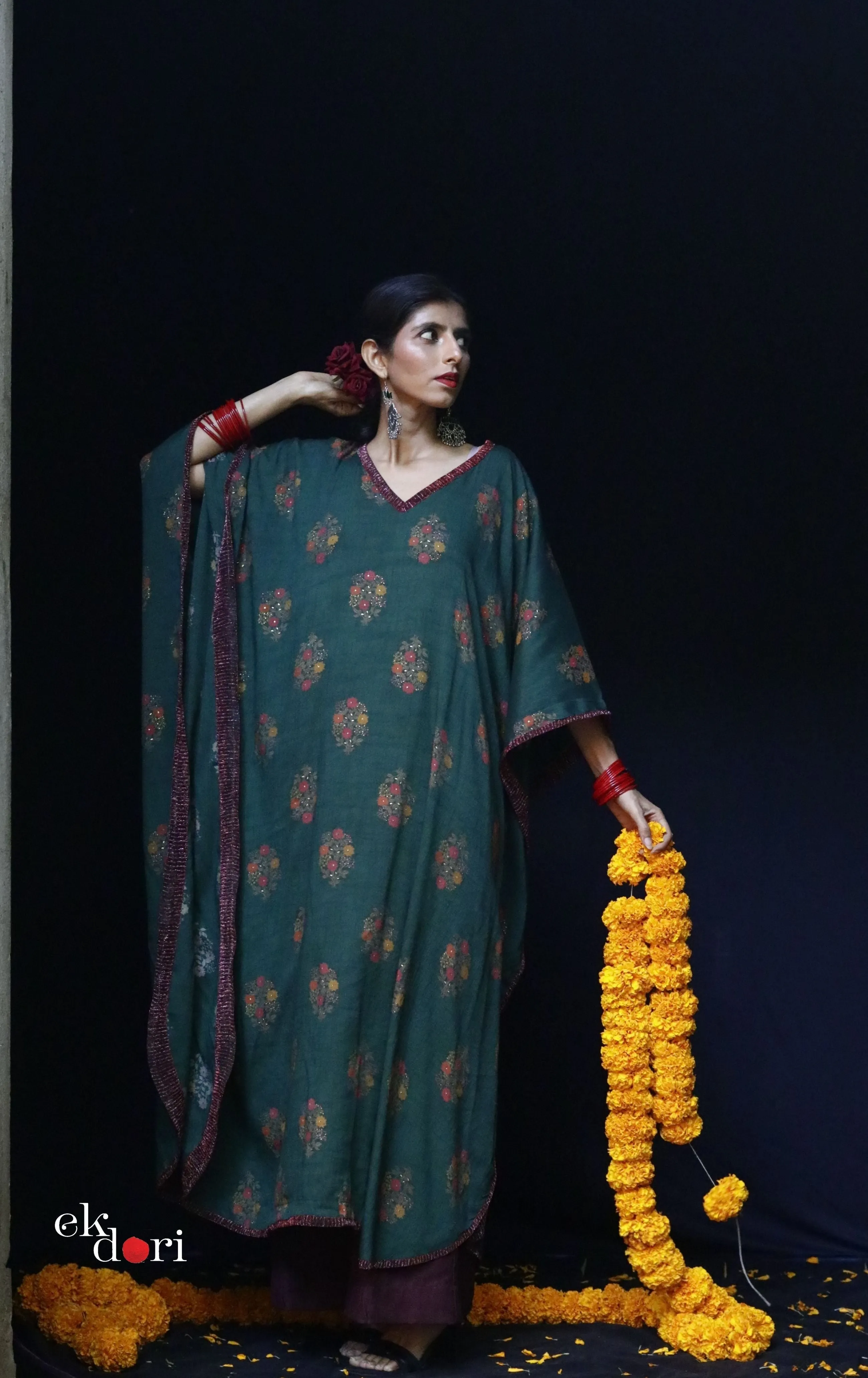 Bela Green Festive Cotton Kaftan Dress