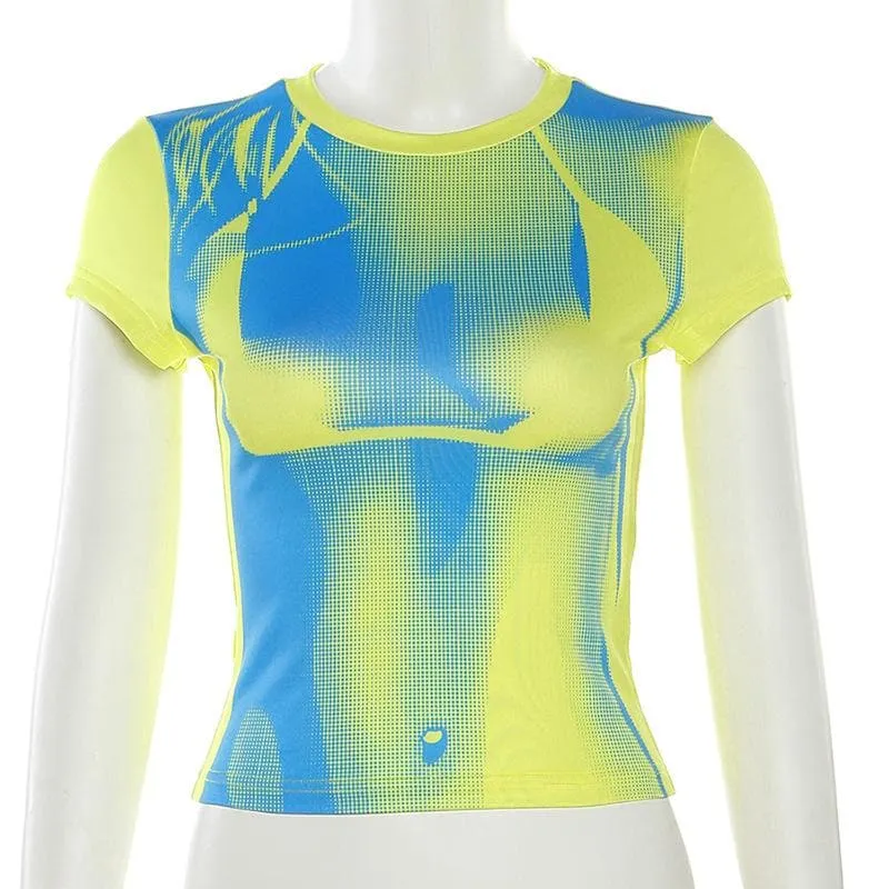 BerryBetty - Body print contrast short sleeve crewneck crop top