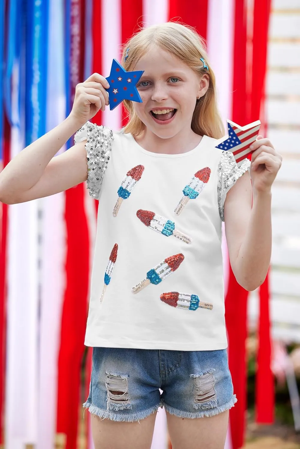 BesserBay Girls 4th of July Sequin Ruffle Sleeve Tank Top Crew Neck Red White Blue Shirt 4-12 Years