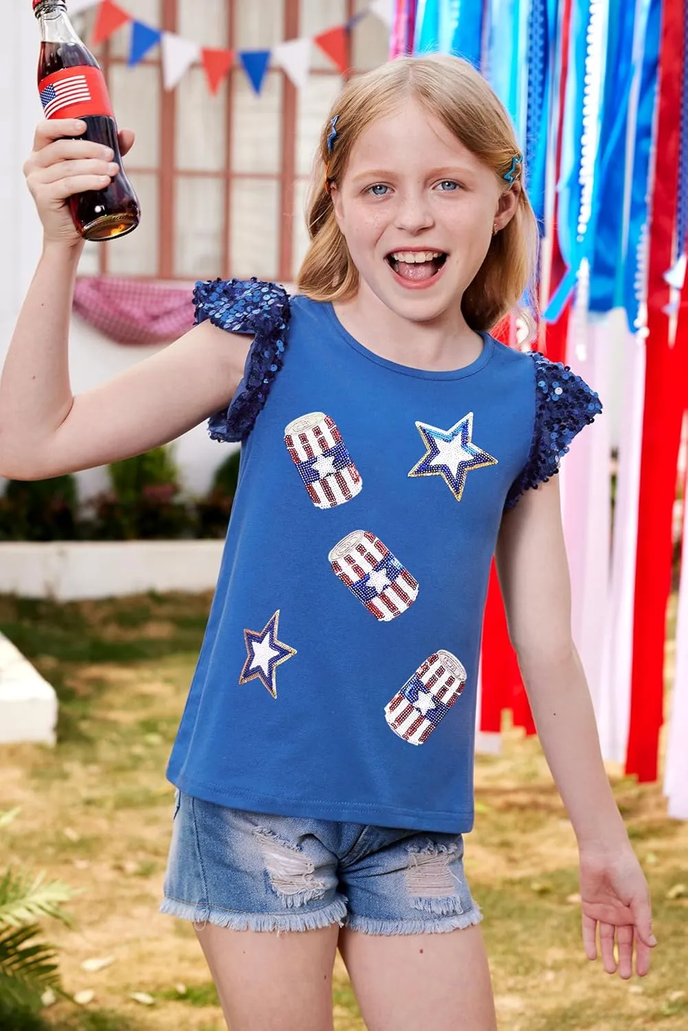 BesserBay Girls 4th of July Sequin Ruffle Sleeve Tank Top Crew Neck Red White Blue Shirt 4-12 Years