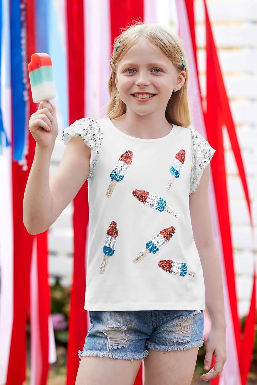 BesserBay Girls 4th of July Sequin Ruffle Sleeve Tank Top Crew Neck Red White Blue Shirt 4-12 Years