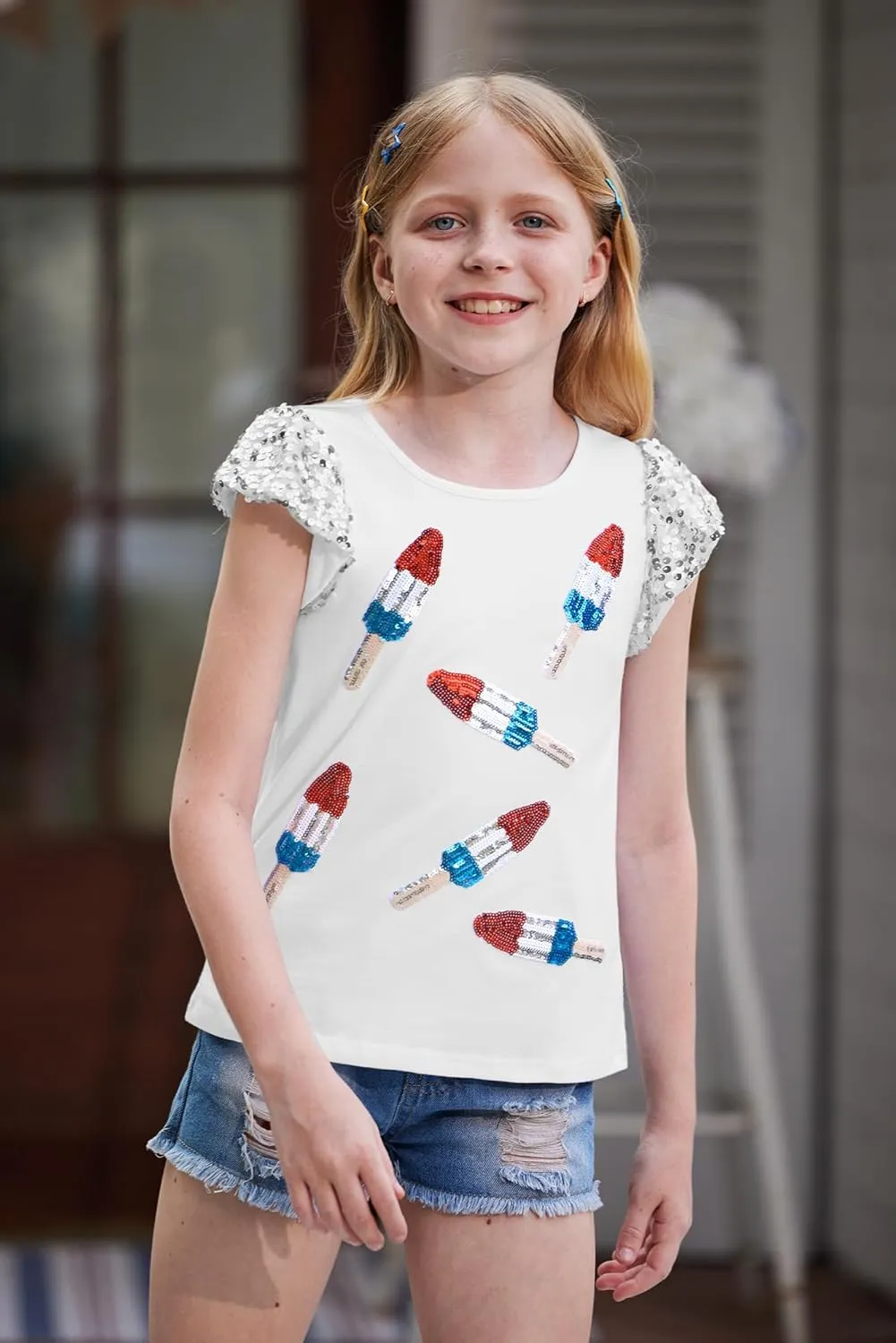 BesserBay Girls 4th of July Sequin Ruffle Sleeve Tank Top Crew Neck Red White Blue Shirt 4-12 Years