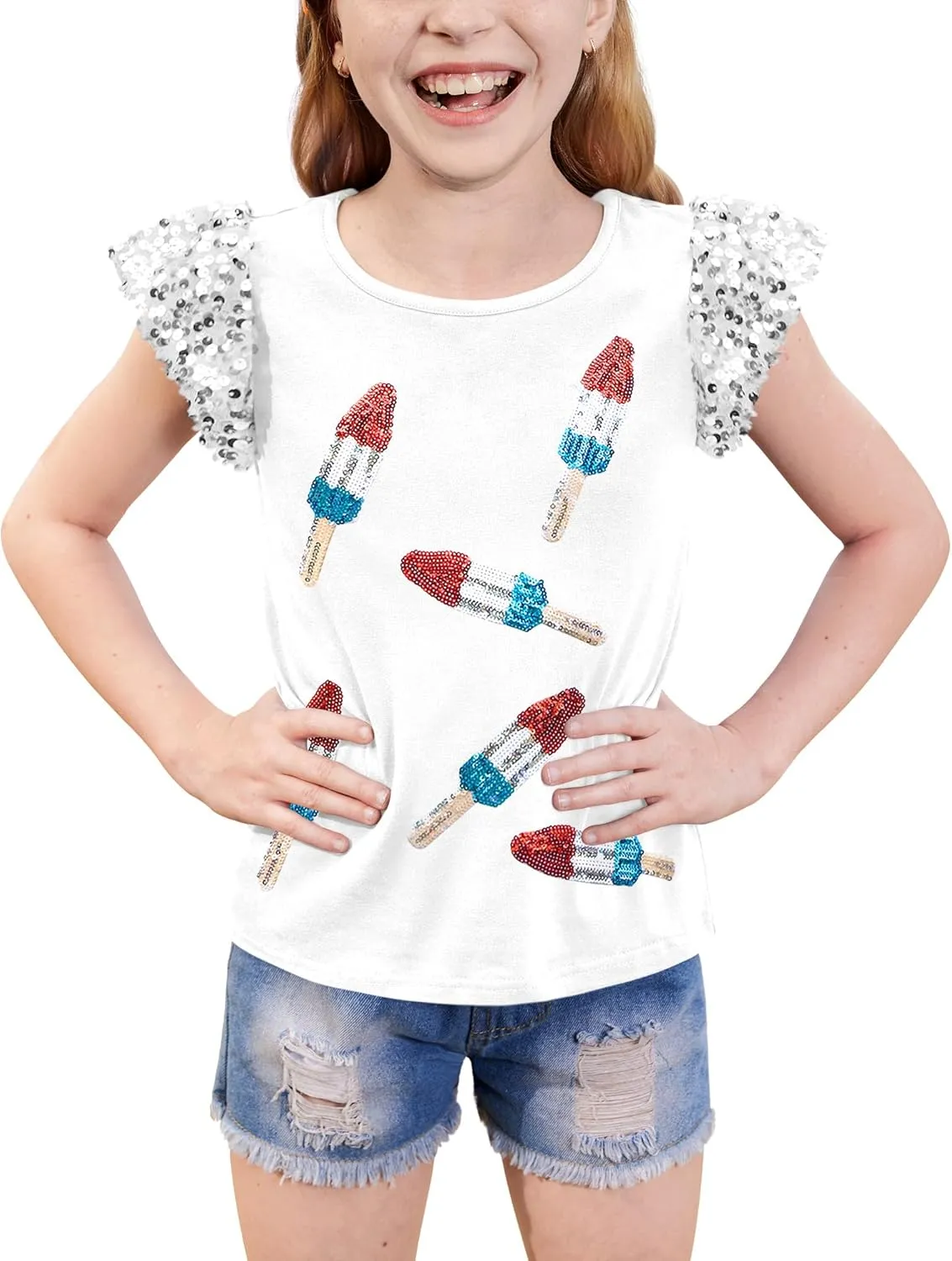 BesserBay Girls 4th of July Sequin Ruffle Sleeve Tank Top Crew Neck Red White Blue Shirt 4-12 Years