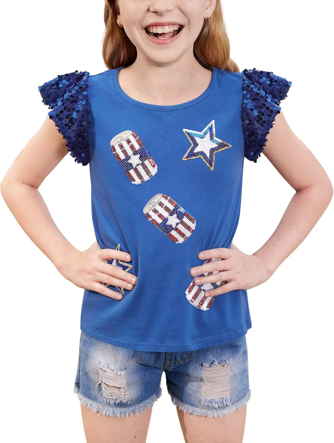 BesserBay Girls 4th of July Sequin Ruffle Sleeve Tank Top Crew Neck Red White Blue Shirt 4-12 Years
