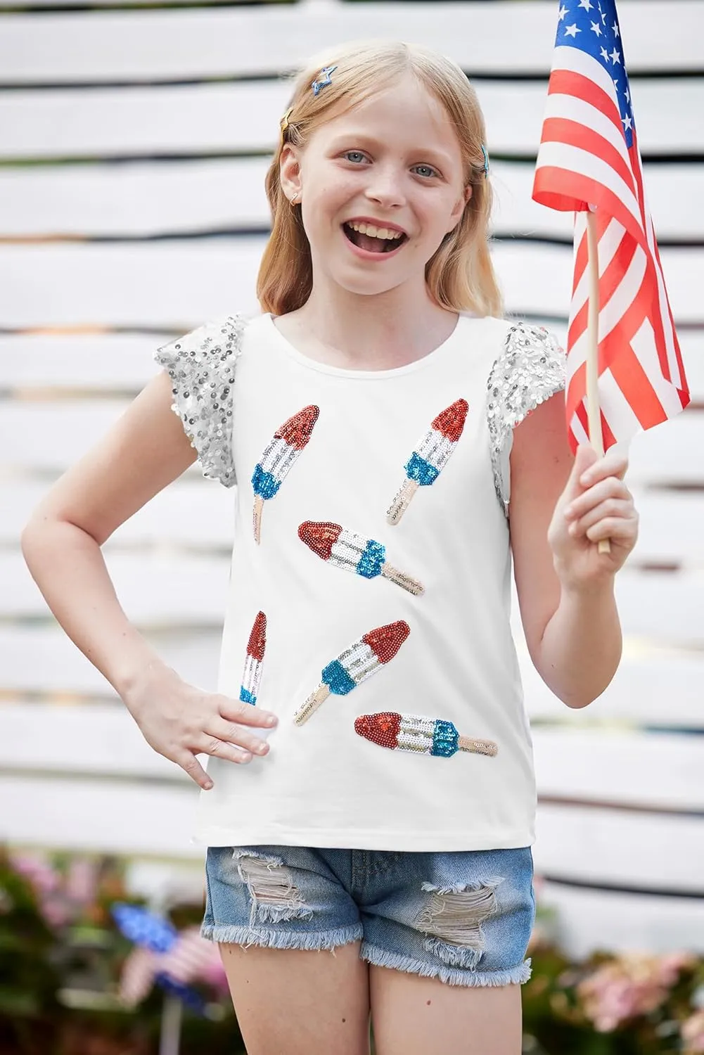 BesserBay Girls 4th of July Sequin Ruffle Sleeve Tank Top Crew Neck Red White Blue Shirt 4-12 Years