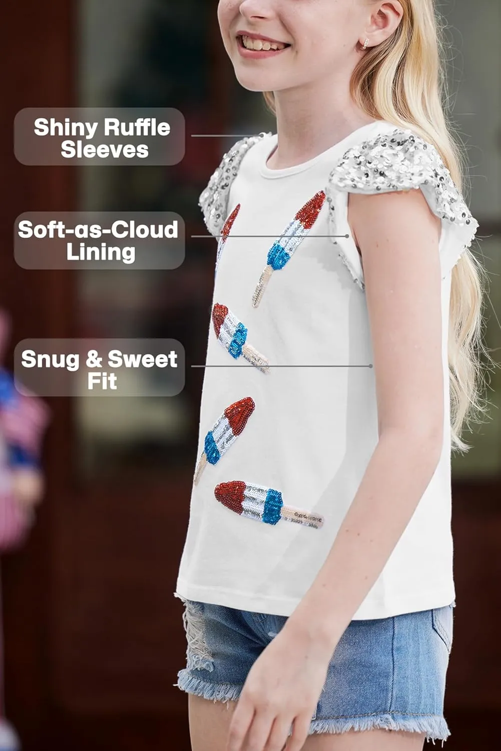 BesserBay Girls 4th of July Sequin Ruffle Sleeve Tank Top Crew Neck Red White Blue Shirt 4-12 Years