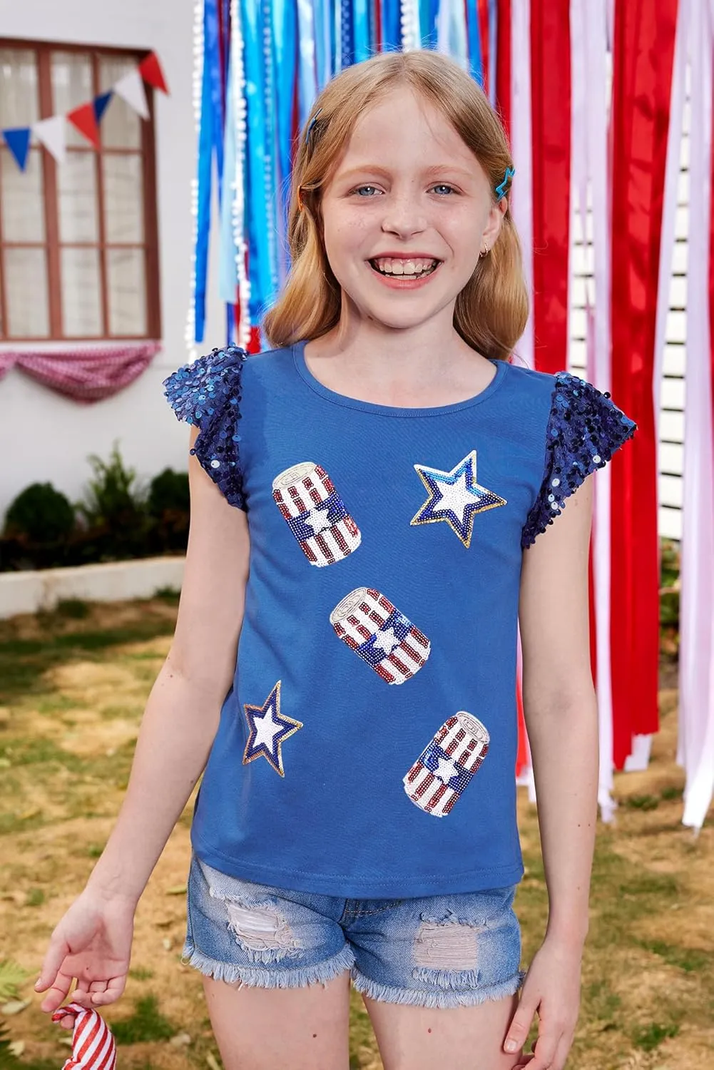 BesserBay Girls 4th of July Sequin Ruffle Sleeve Tank Top Crew Neck Red White Blue Shirt 4-12 Years