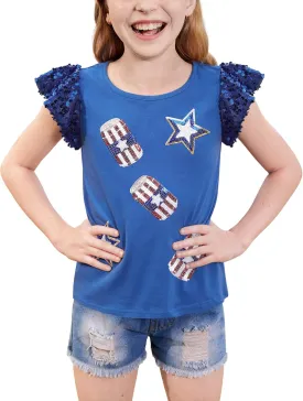 BesserBay Girls 4th of July Sequin Ruffle Sleeve Tank Top Crew Neck Red White Blue Shirt 4-12 Years