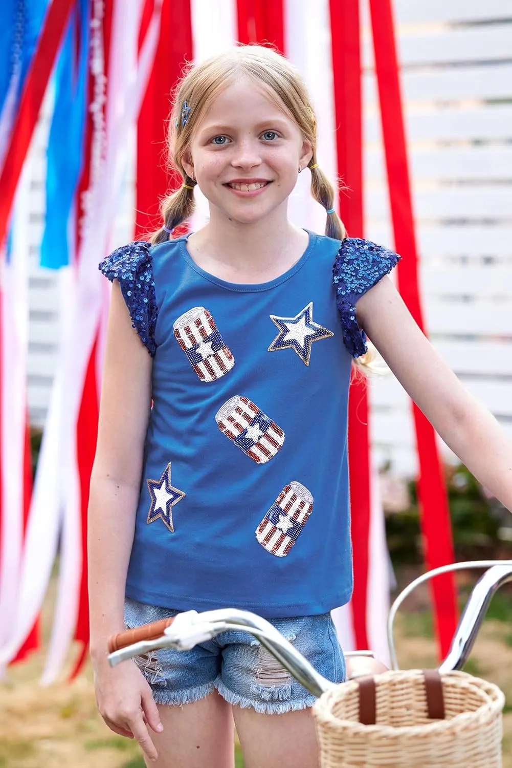 BesserBay Girls 4th of July Sequin Ruffle Sleeve Tank Top Crew Neck Red White Blue Shirt 4-12 Years