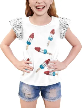 BesserBay Girls 4th of July Sequin Ruffle Sleeve Tank Top Crew Neck Red White Blue Shirt 4-12 Years