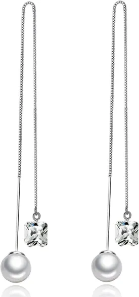 BG&WLing Pearl Sterling Silver Threader Earrings for Women Hypoallergenic White Green Square Rhinestone Crystal Long Tassel Earrings Dangling Fashion Jewelry