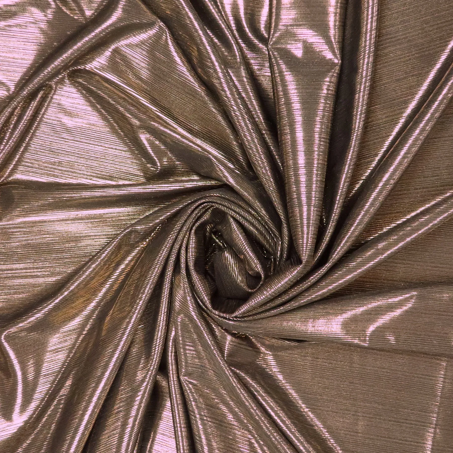 Black and Bronze Shiny Pleated Stretch Lamé Fabric