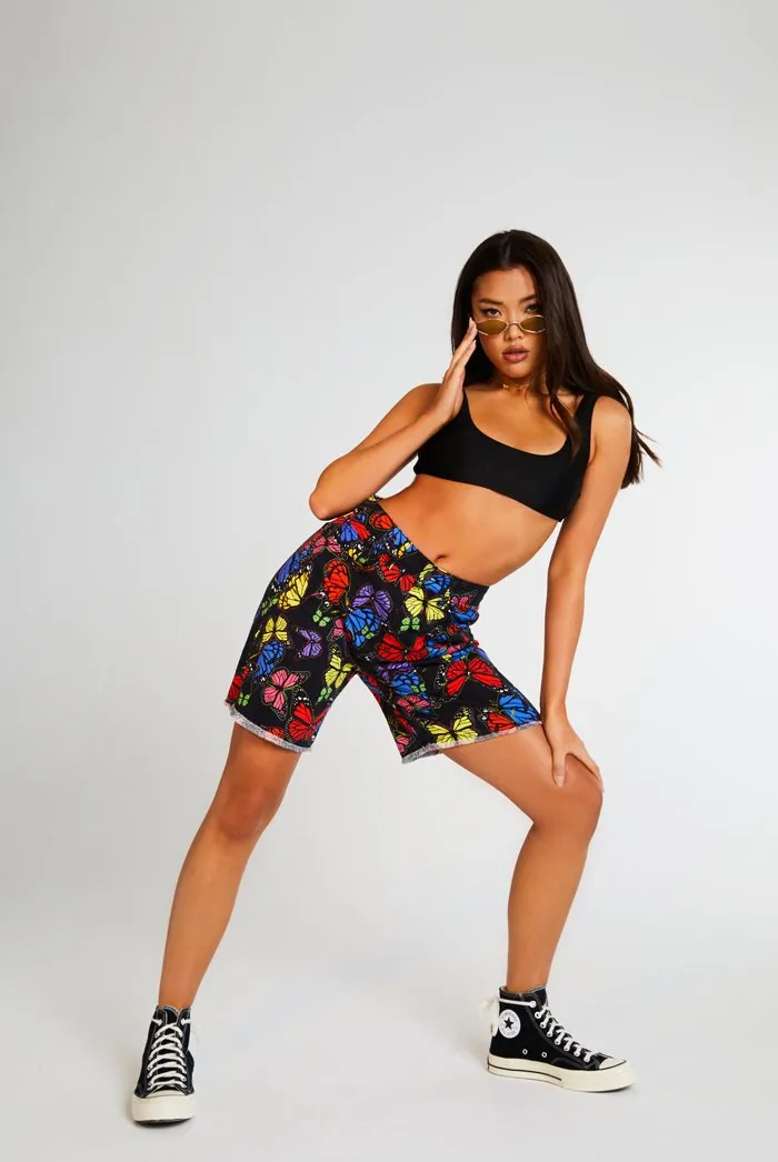 Black Butterfly Print Denim Shorts