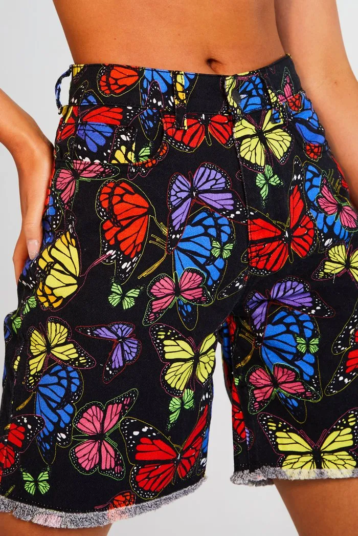 Black Butterfly Print Denim Shorts