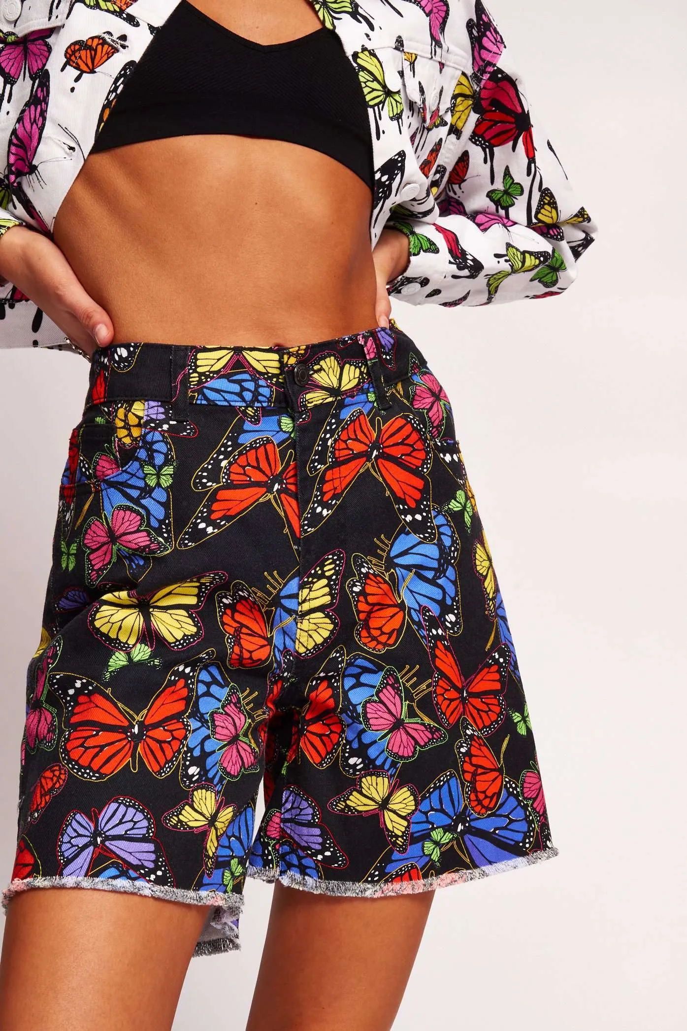 Black Butterfly Print Denim Shorts