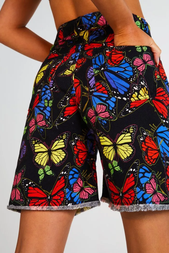 Black Butterfly Print Denim Shorts