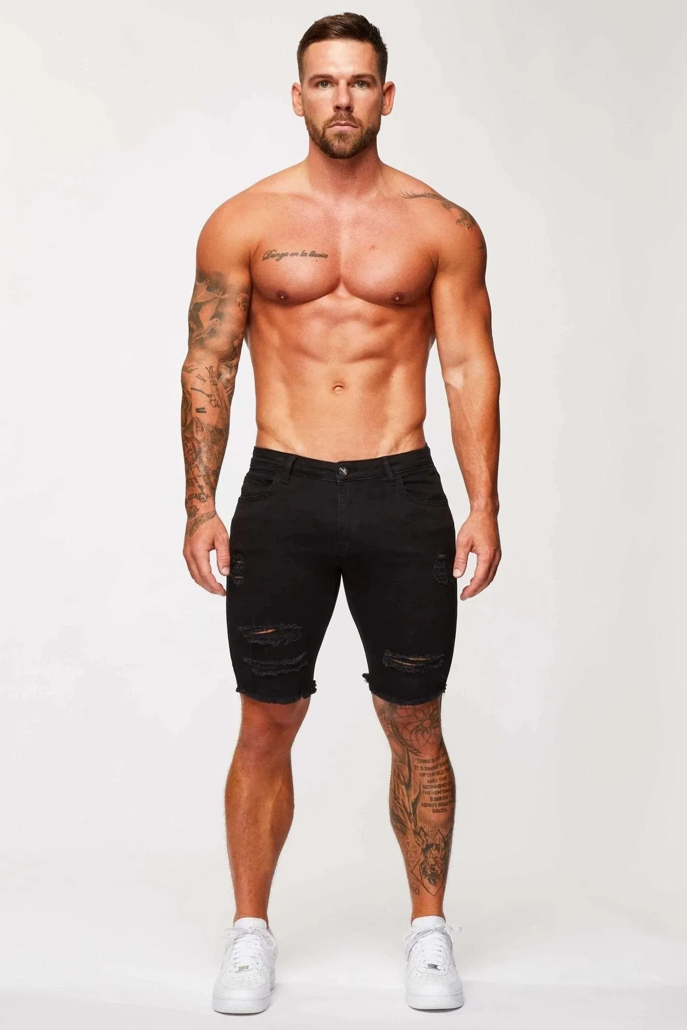 BLACK DENIM SHORTS - RIPPED & REPAIRED