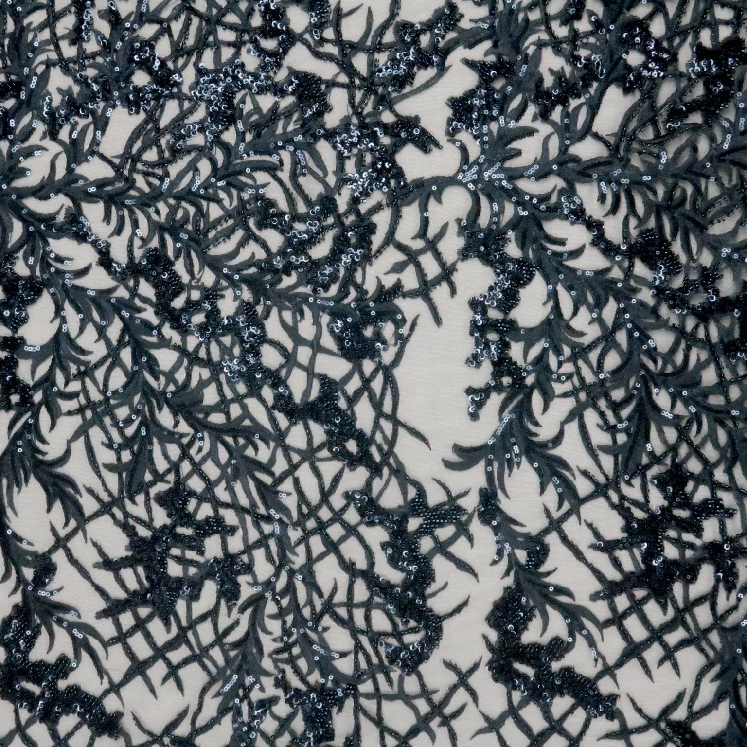 Black Sequins and Embroidery Florals on Embroidered Tulle Fabric