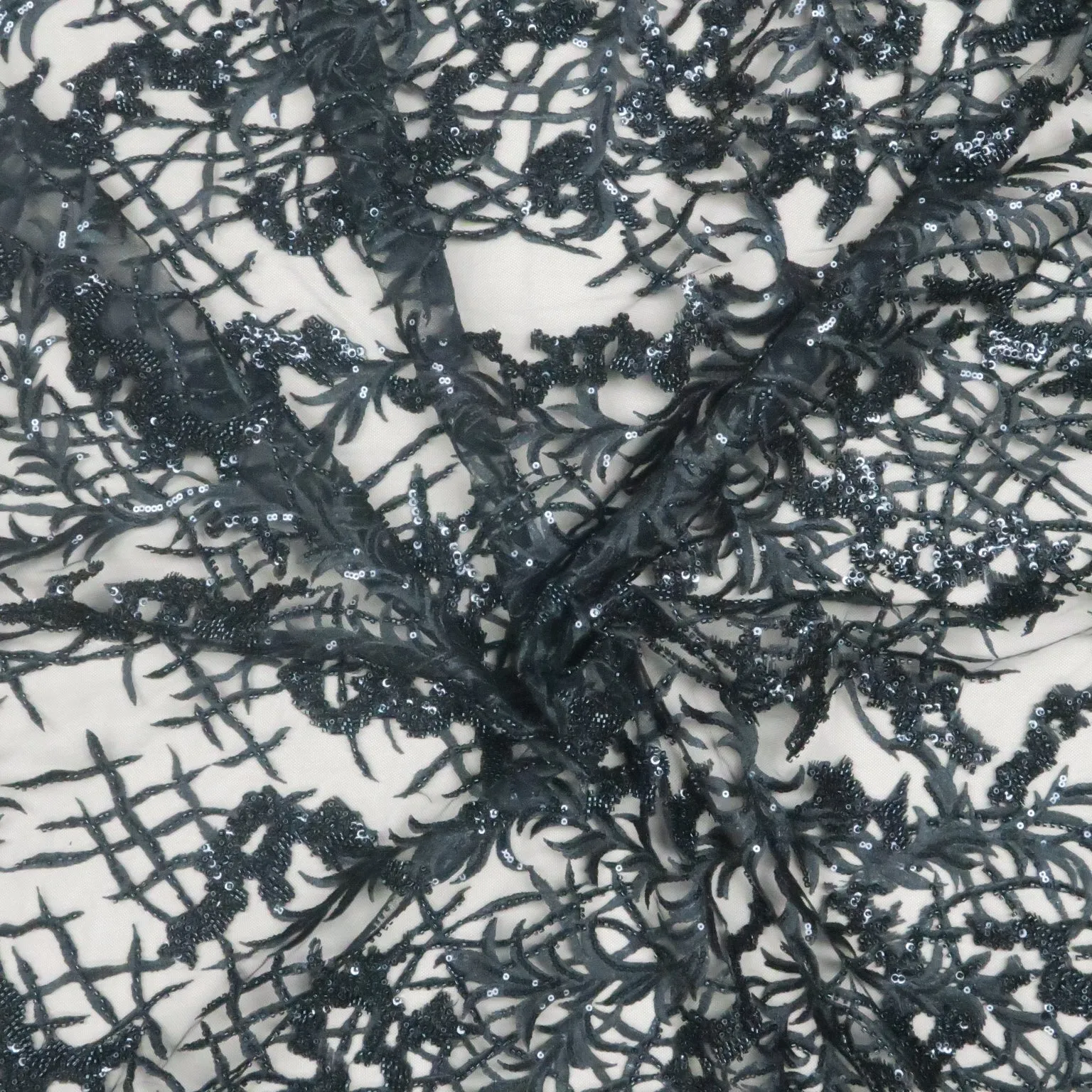 Black Sequins and Embroidery Florals on Embroidered Tulle Fabric