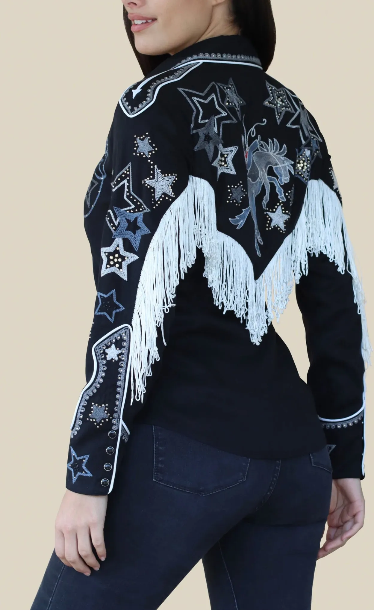 Full Fringe Embroidered Black Shirt with Detailed Sleeves and Back!