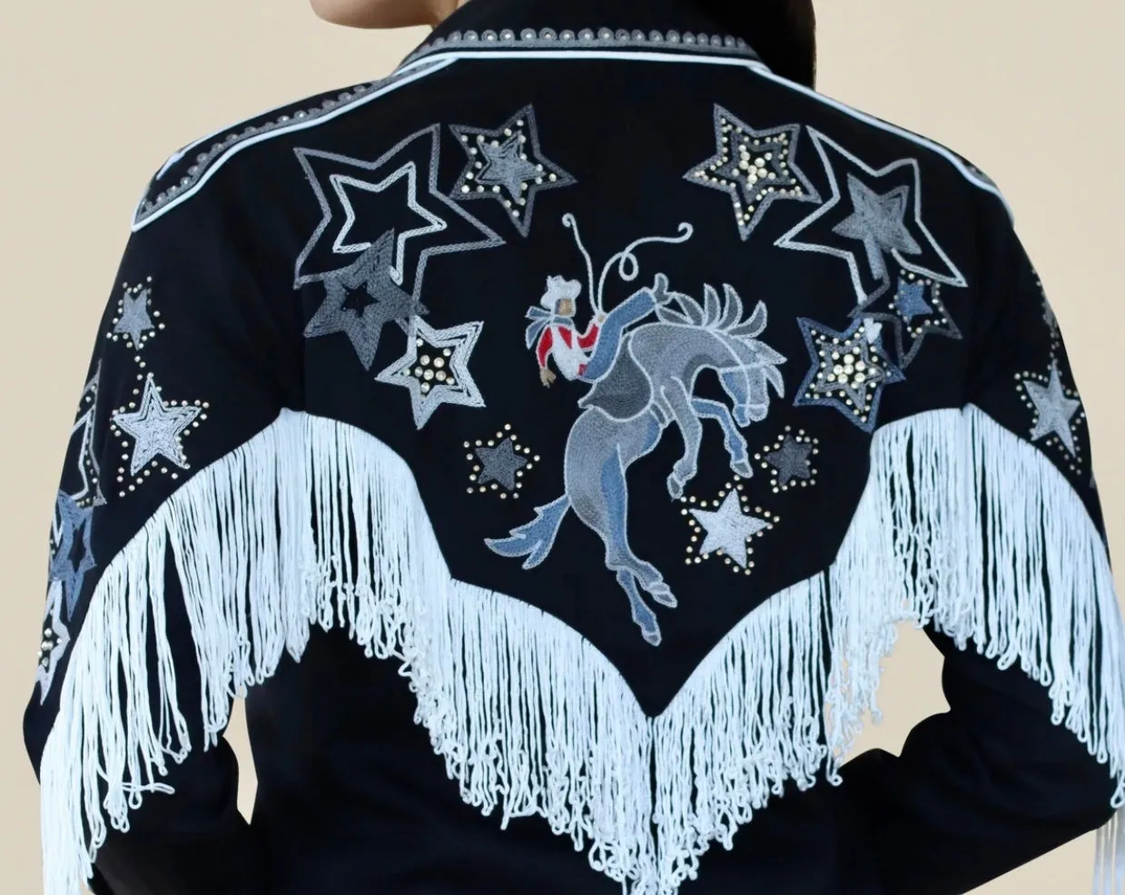 Full Fringe Embroidered Black Shirt with Detailed Sleeves and Back!