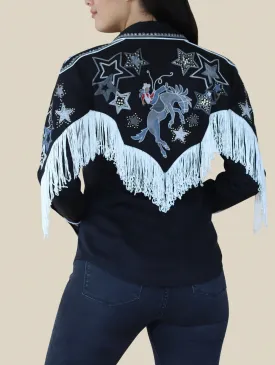 Full Fringe Embroidered Black Shirt with Detailed Sleeves and Back!
