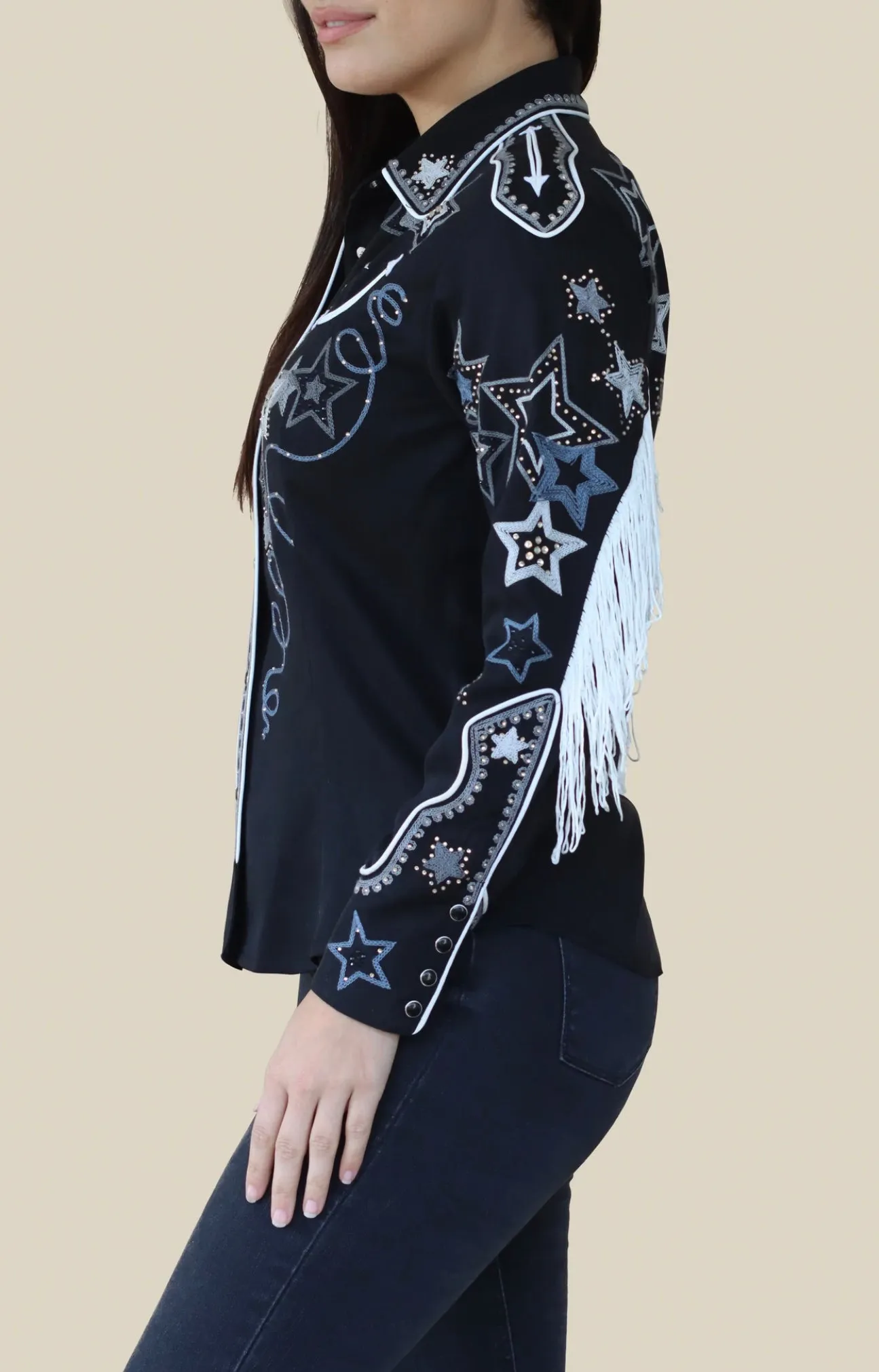 Full Fringe Embroidered Black Shirt with Detailed Sleeves and Back!