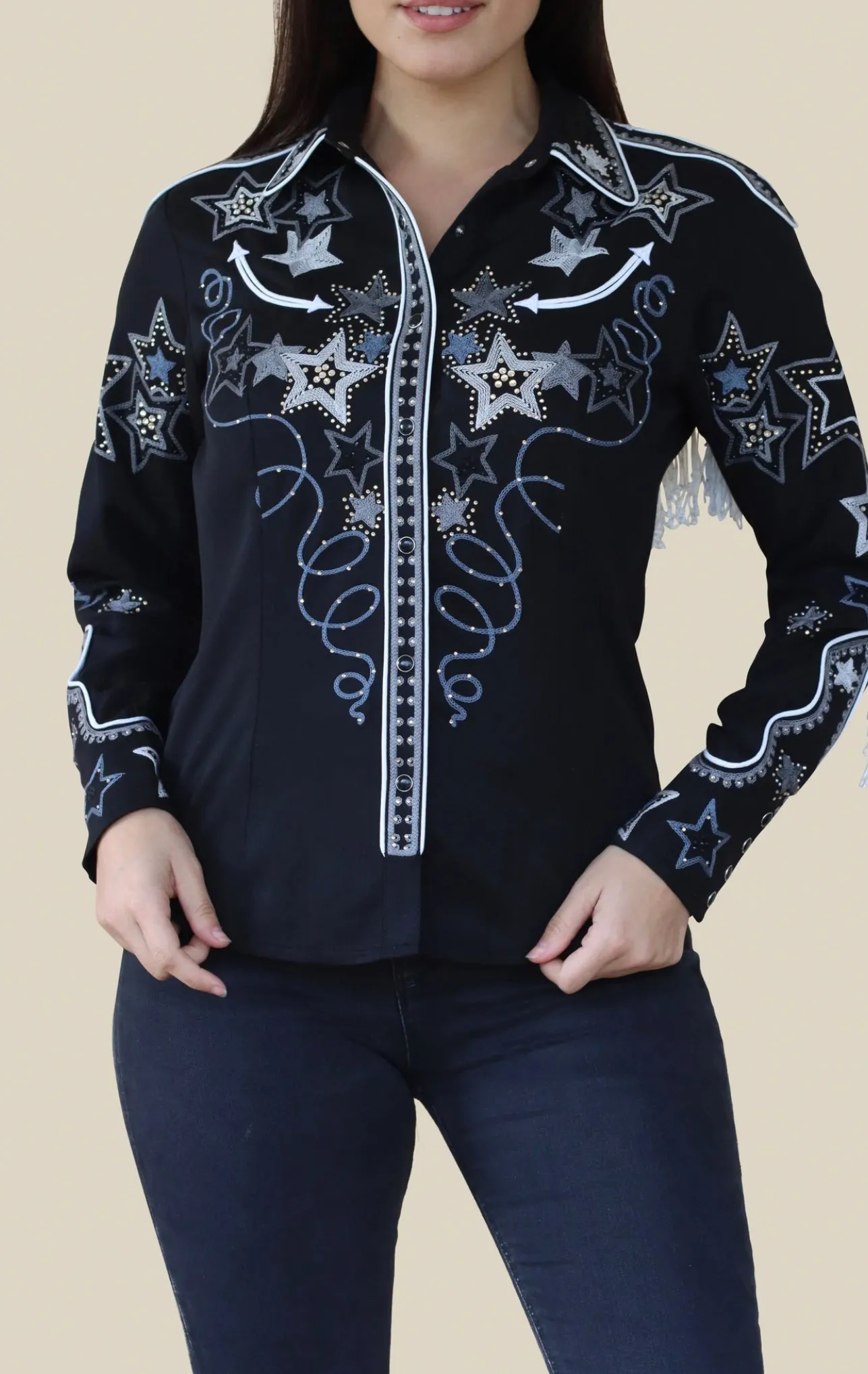 Full Fringe Embroidered Black Shirt with Detailed Sleeves and Back!