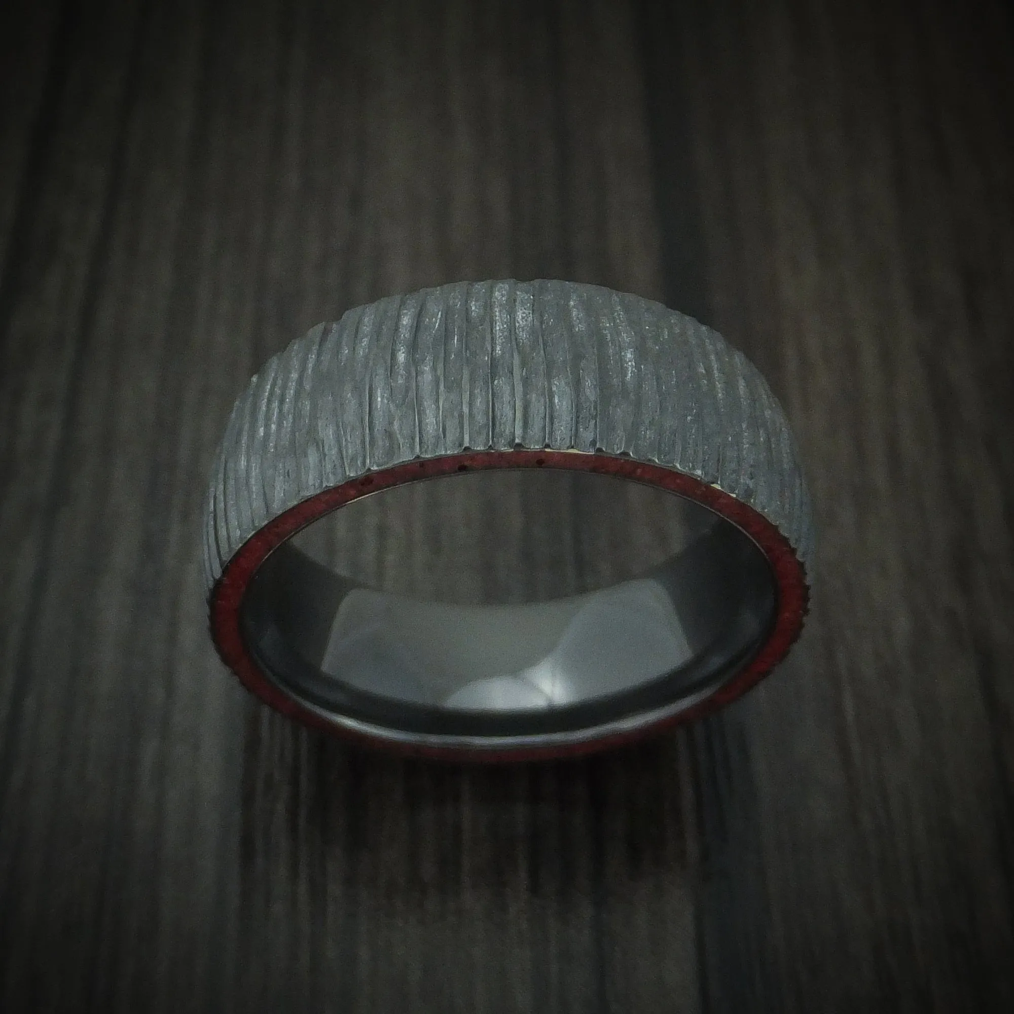 Black Titanium Tree Bark Finish Men's Ring with Edge Stone Inlays