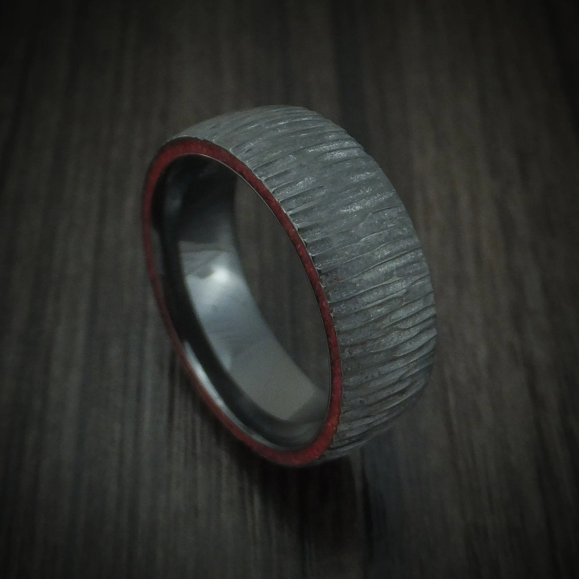 Black Titanium Tree Bark Finish Men's Ring with Edge Stone Inlays