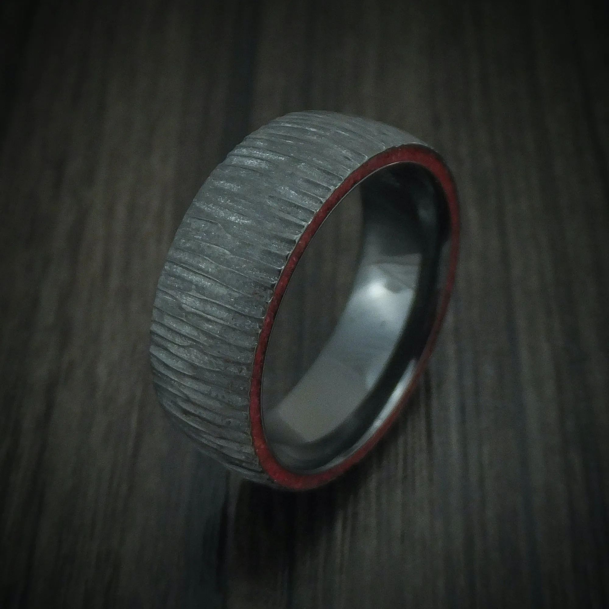 Black Titanium Tree Bark Finish Men's Ring with Edge Stone Inlays