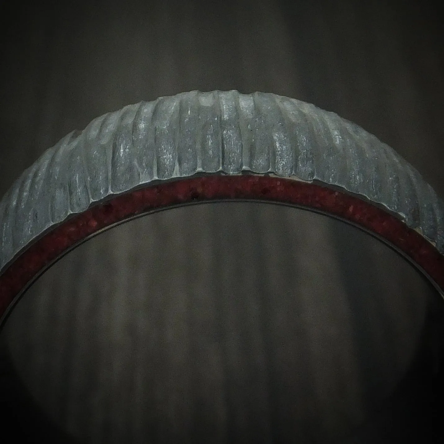 Black Titanium Tree Bark Finish Men's Ring with Edge Stone Inlays