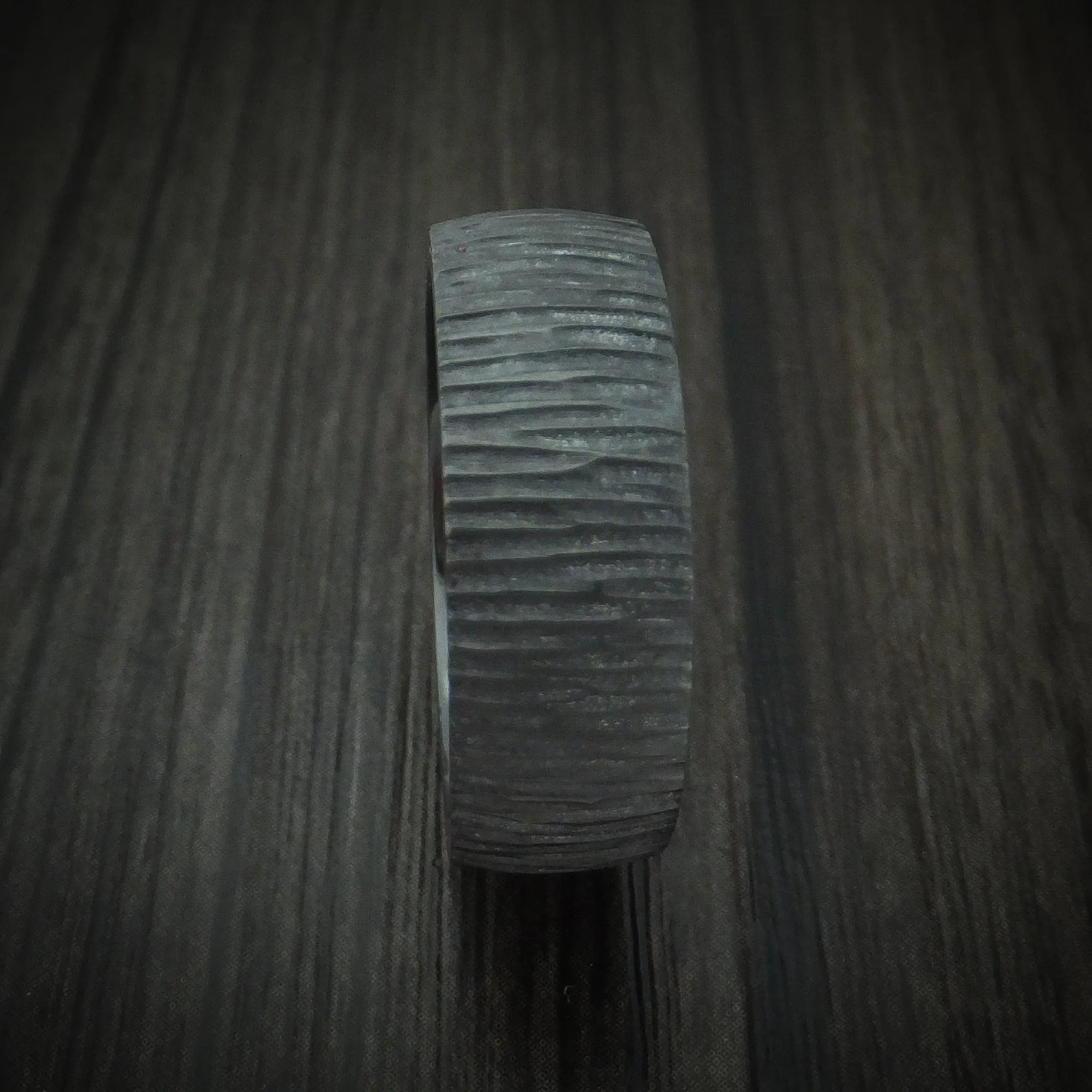 Black Titanium Tree Bark Finish Men's Ring with Edge Stone Inlays