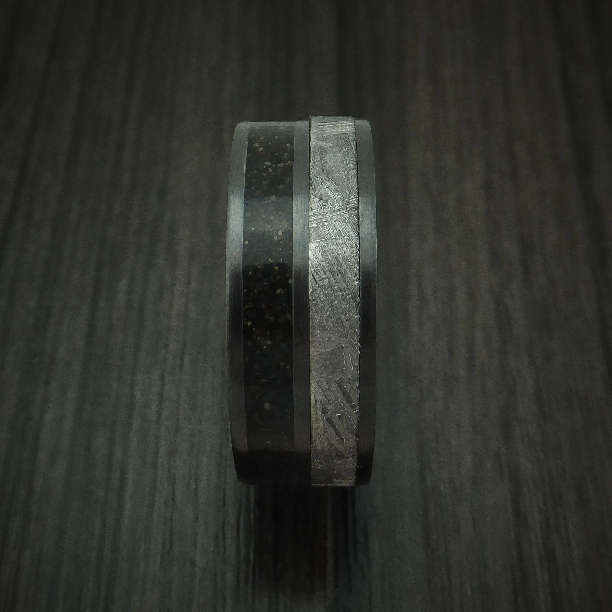 Black Zirconium Dinosaur Bone and Gibeon Meteorite Men's Ring with Wood Sleeve Custom Made Fossil Band