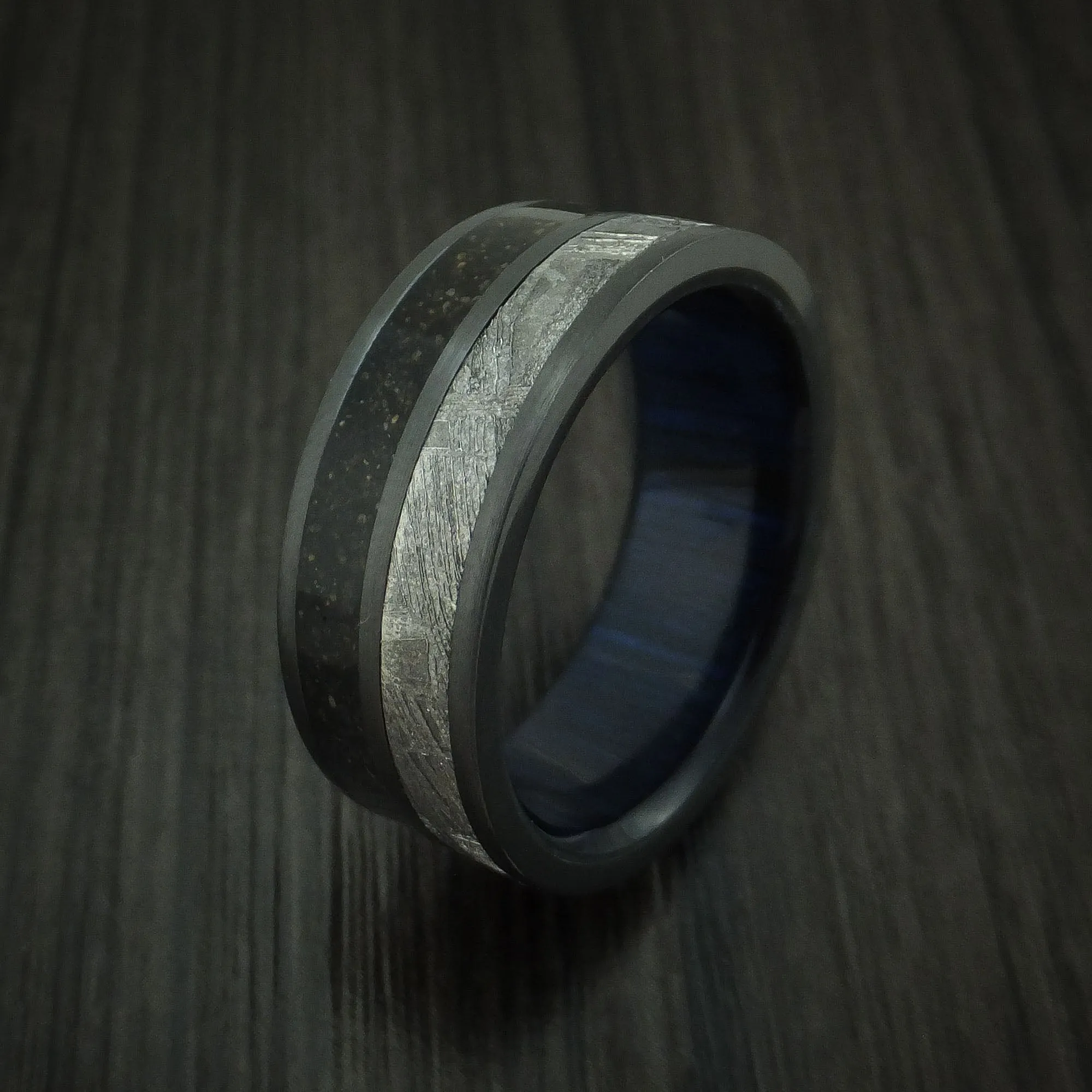 Black Zirconium Dinosaur Bone and Gibeon Meteorite Men's Ring with Wood Sleeve Custom Made Fossil Band