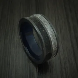Black Zirconium Dinosaur Bone and Gibeon Meteorite Men's Ring with Wood Sleeve Custom Made Fossil Band