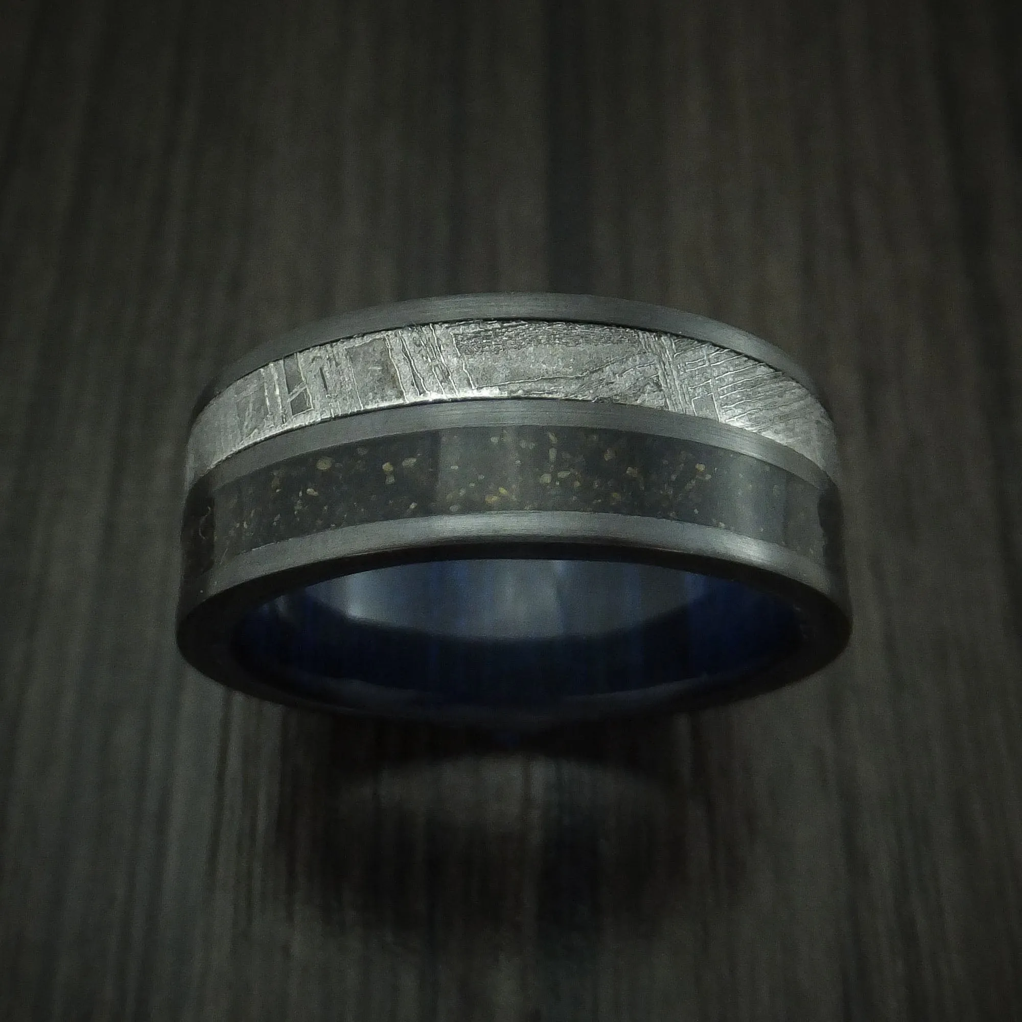 Black Zirconium Dinosaur Bone and Gibeon Meteorite Men's Ring with Wood Sleeve Custom Made Fossil Band