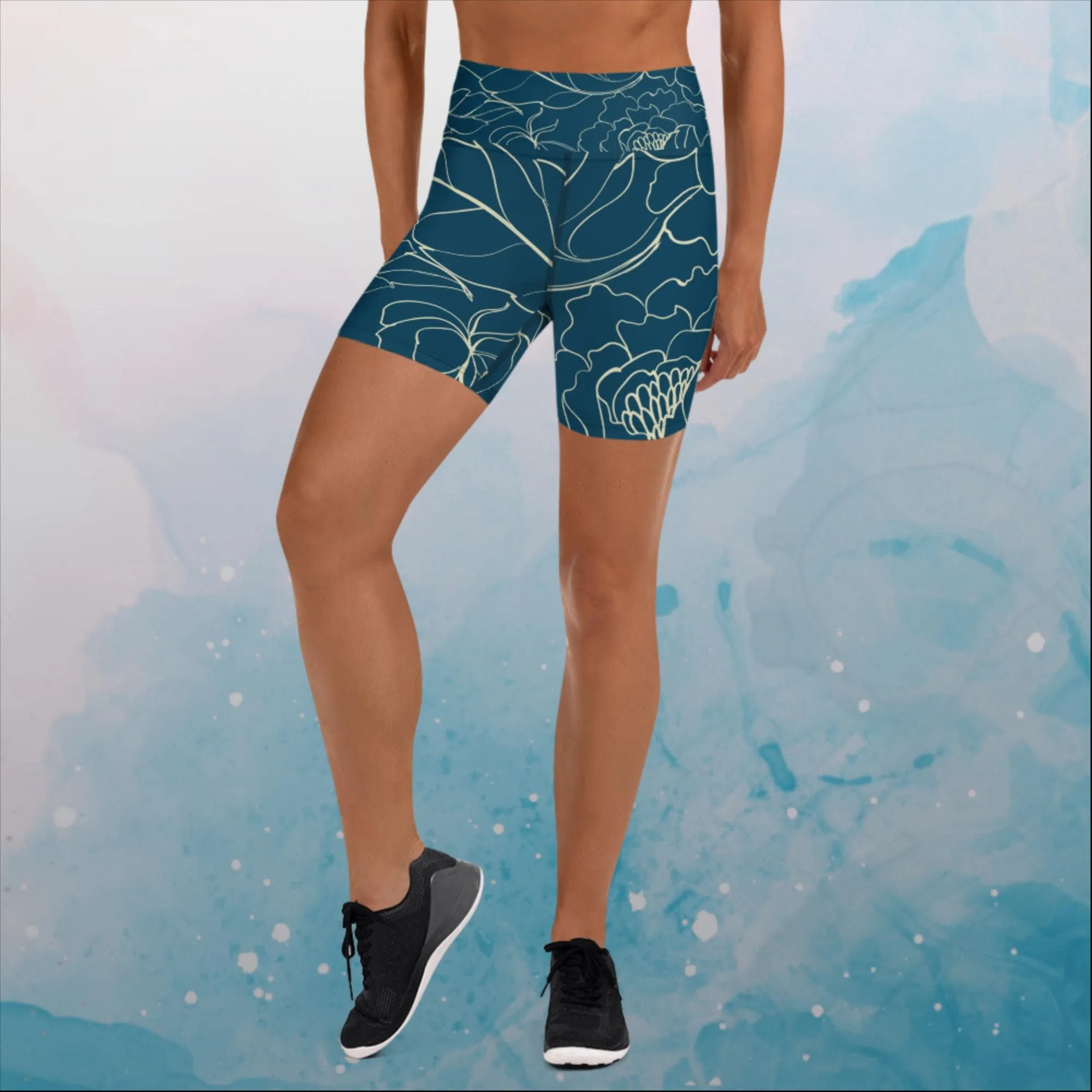 Blue and Cream Floral Stencil Lines Yoga or Swim Shorts