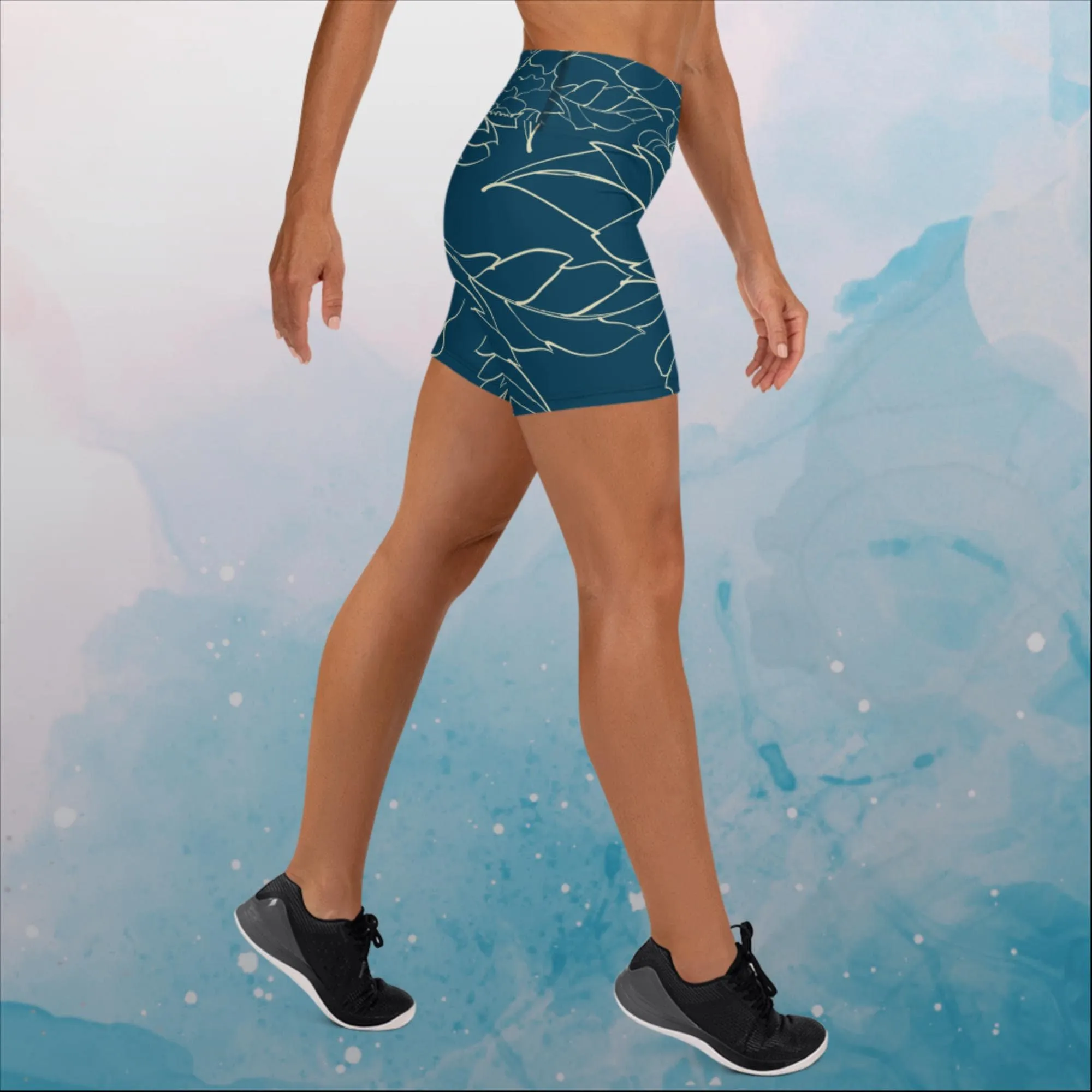 Blue and Cream Floral Stencil Lines Yoga or Swim Shorts