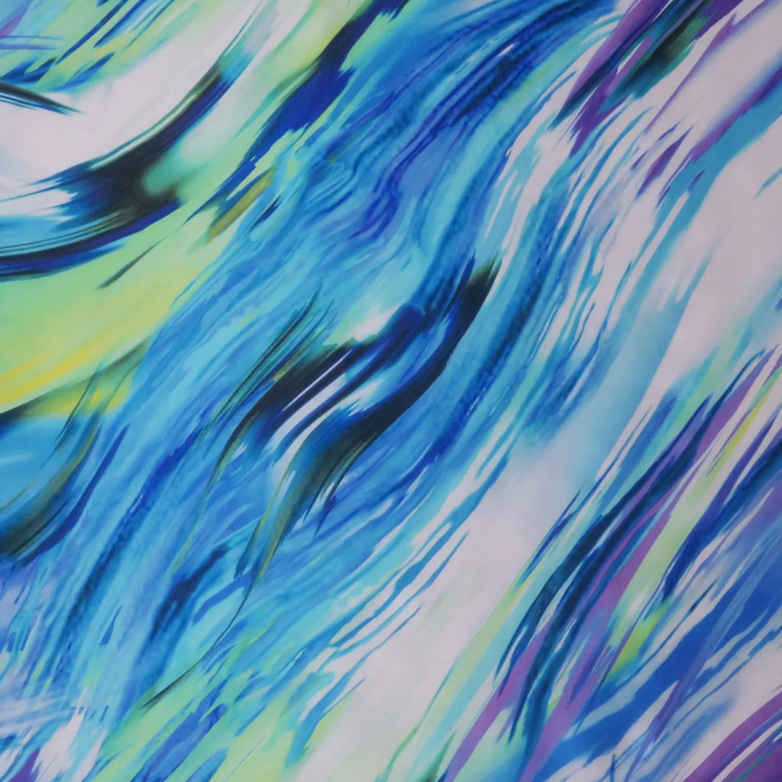 Blue and Green Waves Printed Silk Charmeuse Fabric