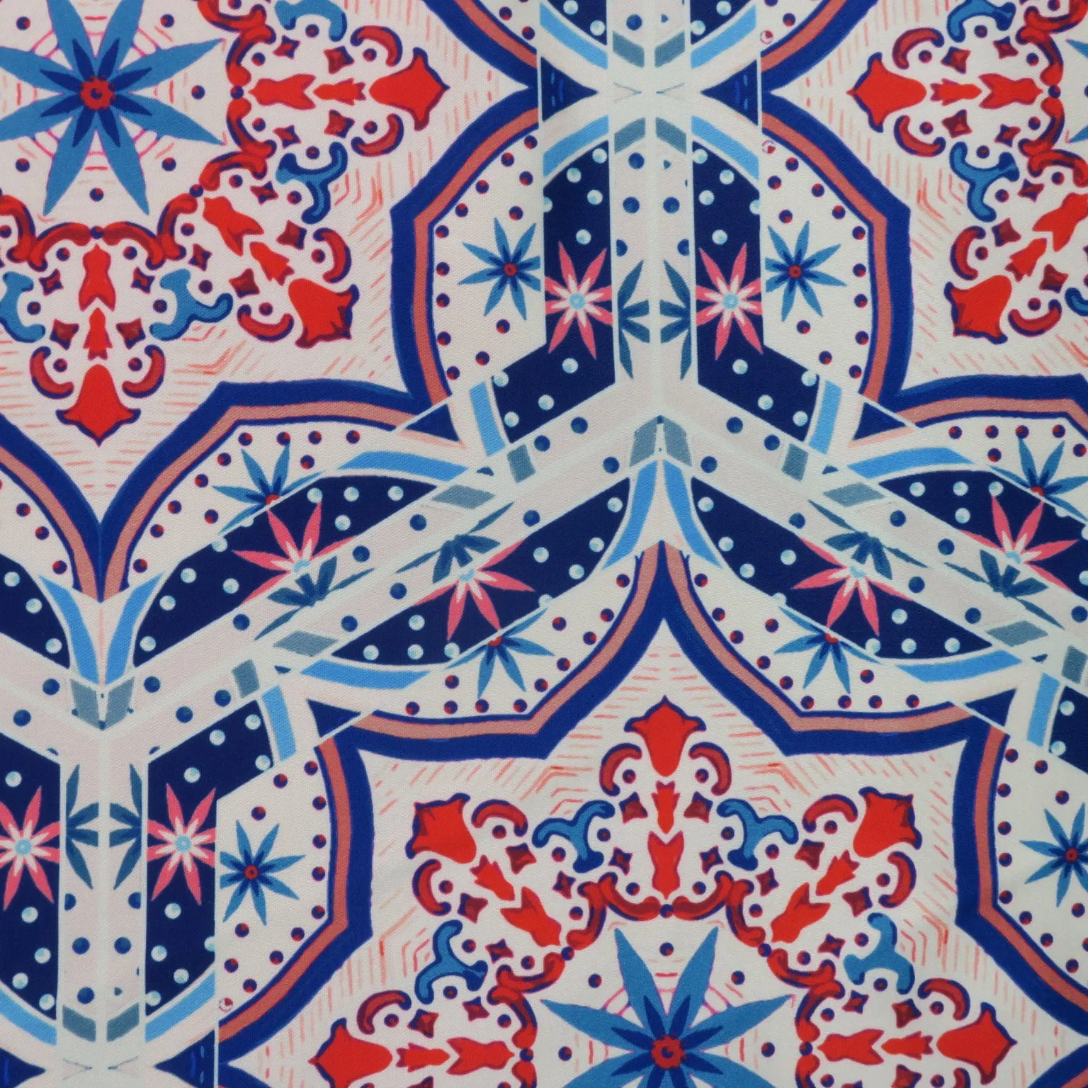 Blue and Red Mosaic on White Printed Polyester Mikado Fabric