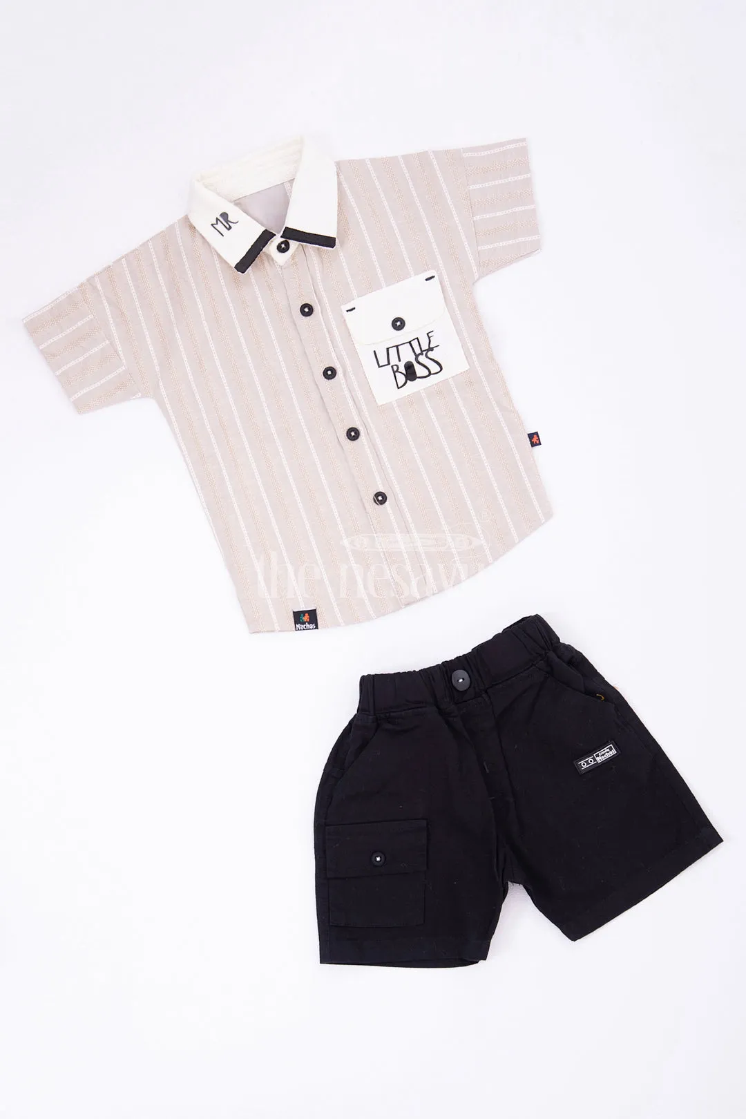 Boys Beige Striped Half Sleeve Shirt and Black Shorts Set