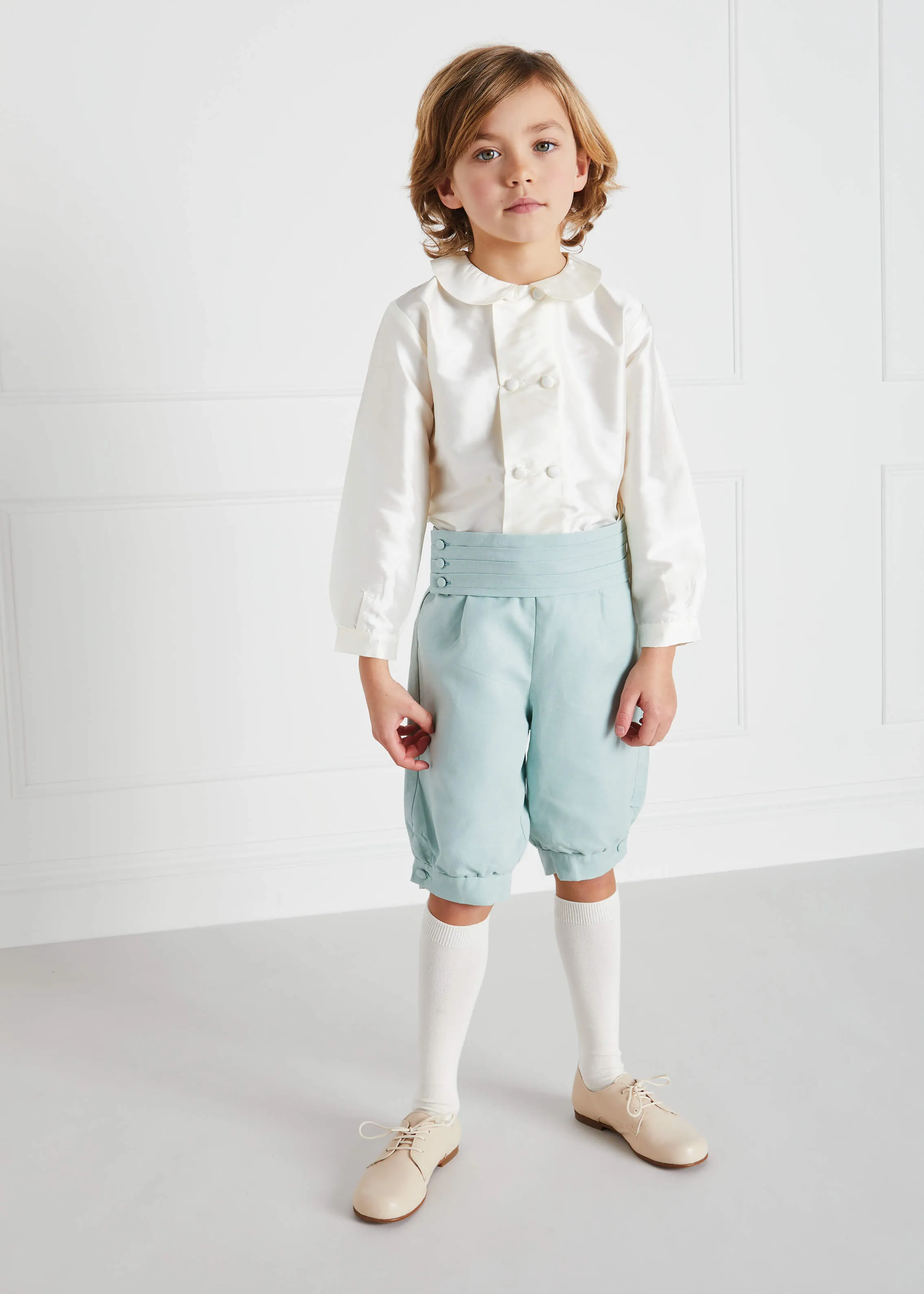 Boy's white double-breasted Peter Pan collar silk shirt (12mths-10yrs)