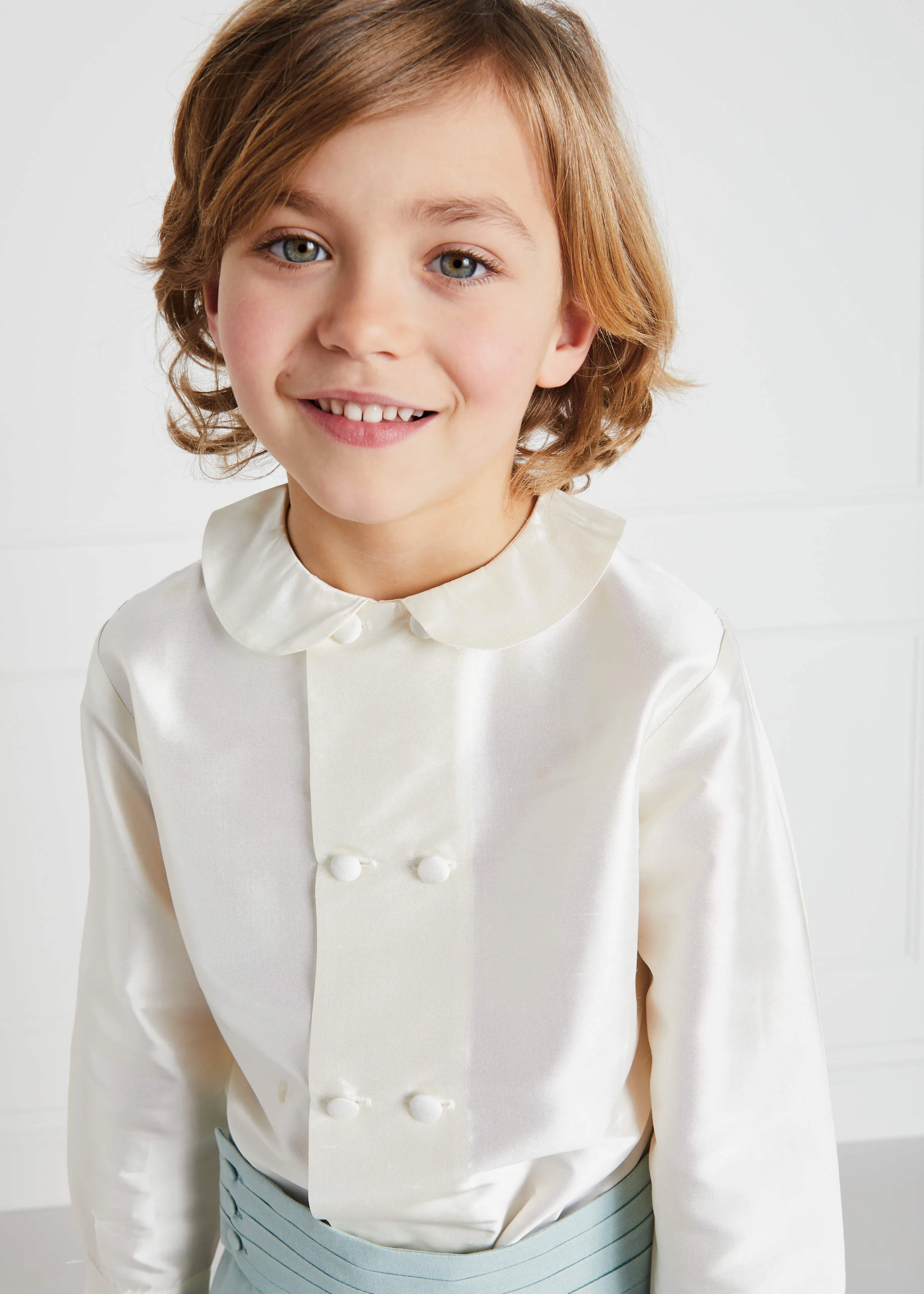 Boy's white double-breasted Peter Pan collar silk shirt (12mths-10yrs)