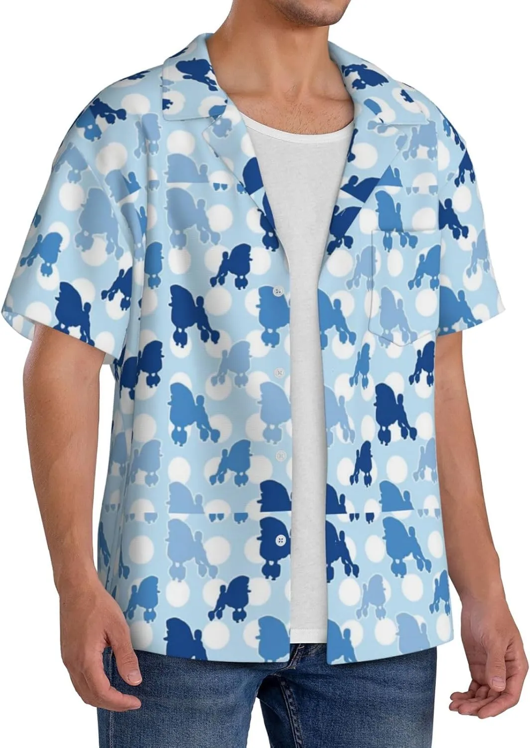 BREAUX Blue Poodle Polka Dot Print Men's Fashionable Cuban Collar Shirts for Tropical Parties and Casual Occasions