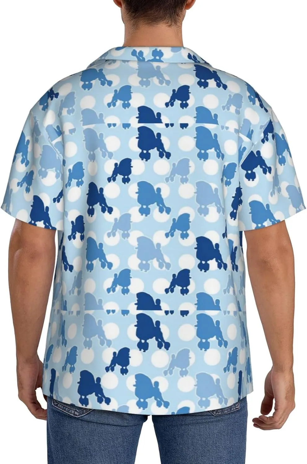 BREAUX Blue Poodle Polka Dot Print Men's Fashionable Cuban Collar Shirts for Tropical Parties and Casual Occasions