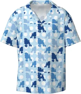BREAUX Blue Poodle Polka Dot Print Men's Fashionable Cuban Collar Shirts for Tropical Parties and Casual Occasions