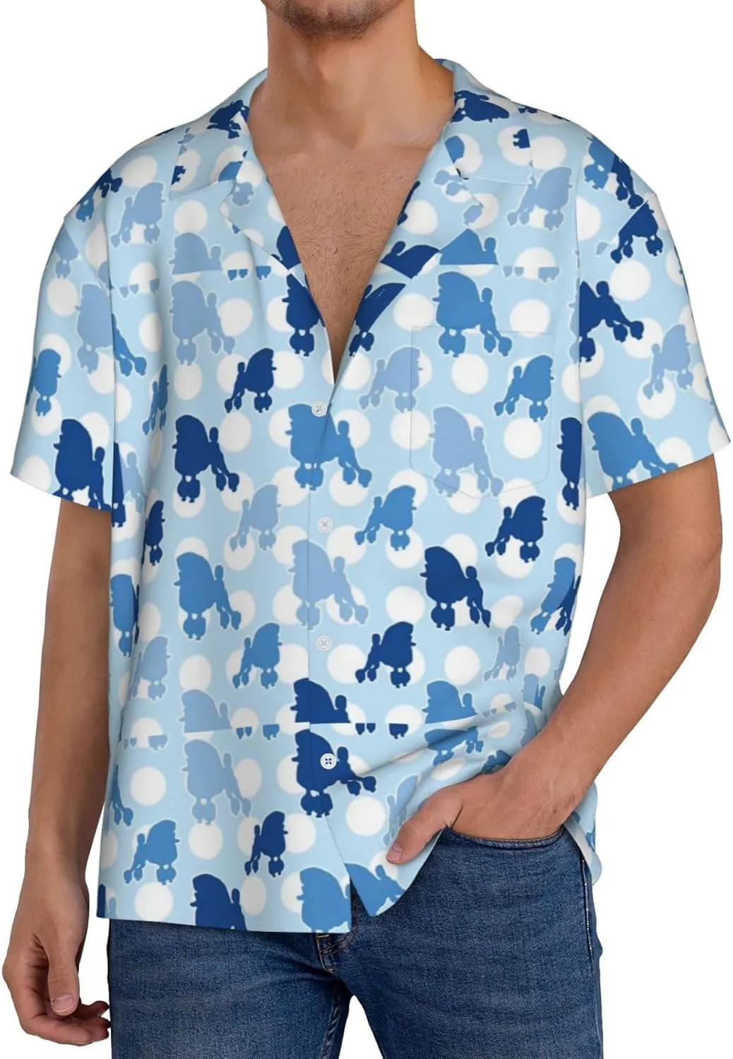 BREAUX Blue Poodle Polka Dot Print Men's Fashionable Cuban Collar Shirts for Tropical Parties and Casual Occasions