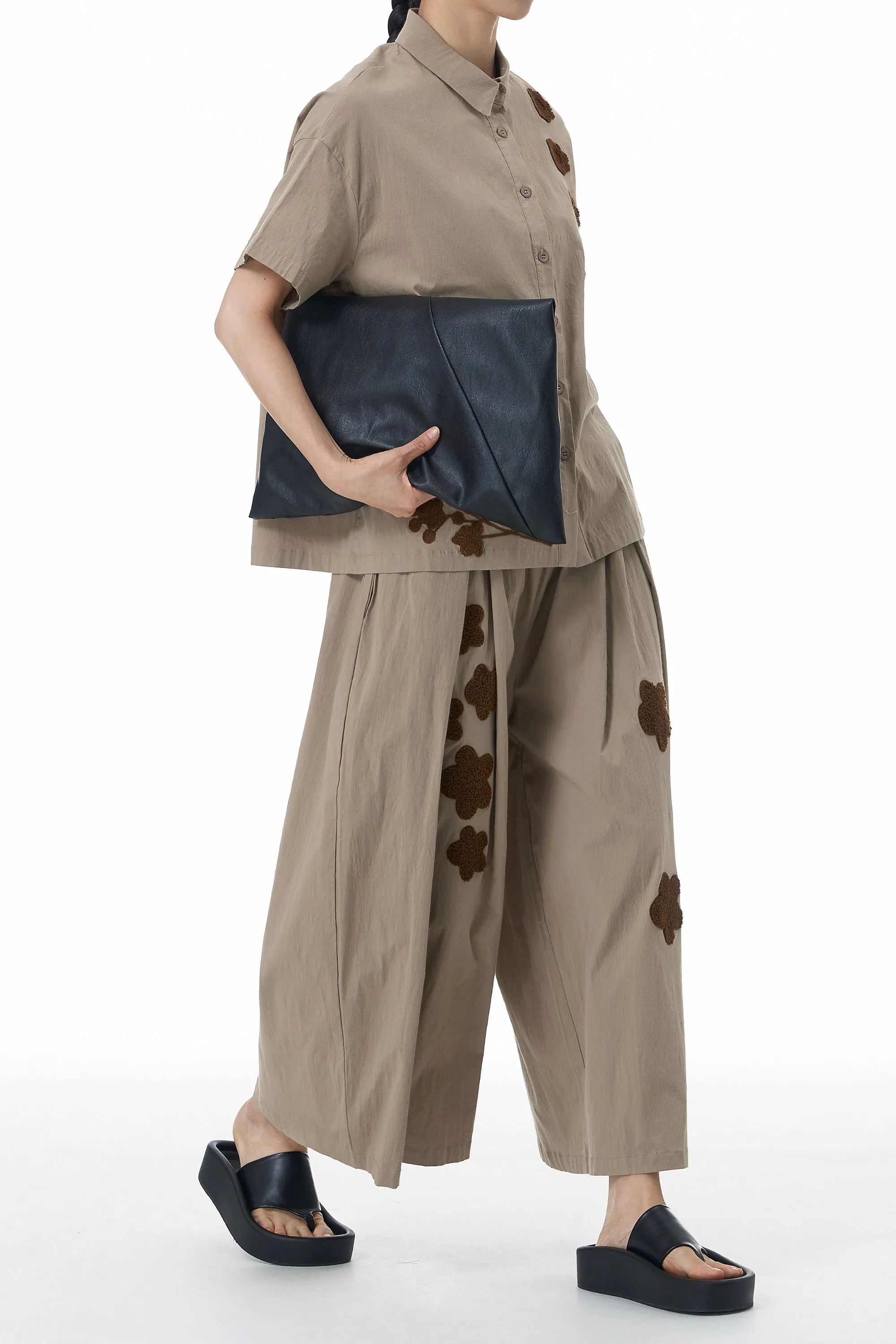 Brown Flower Embroidered Coord Set