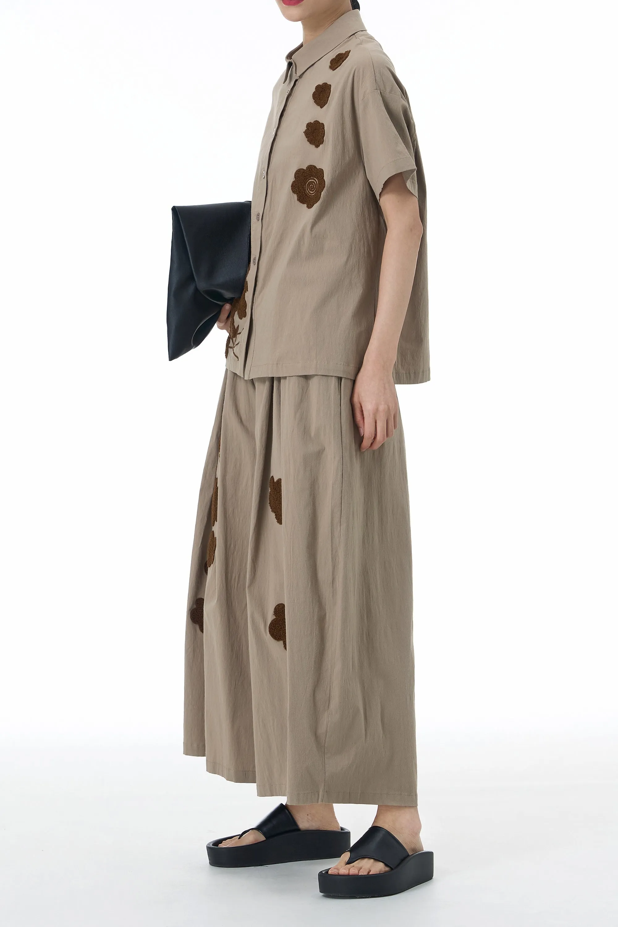 Brown Flower Embroidered Coord Set